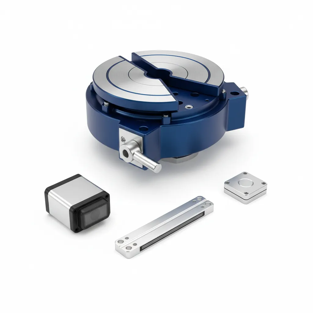 Accesorios de quinta rueda azul y plateada: cámara, regla de sensor y módulo compacto.